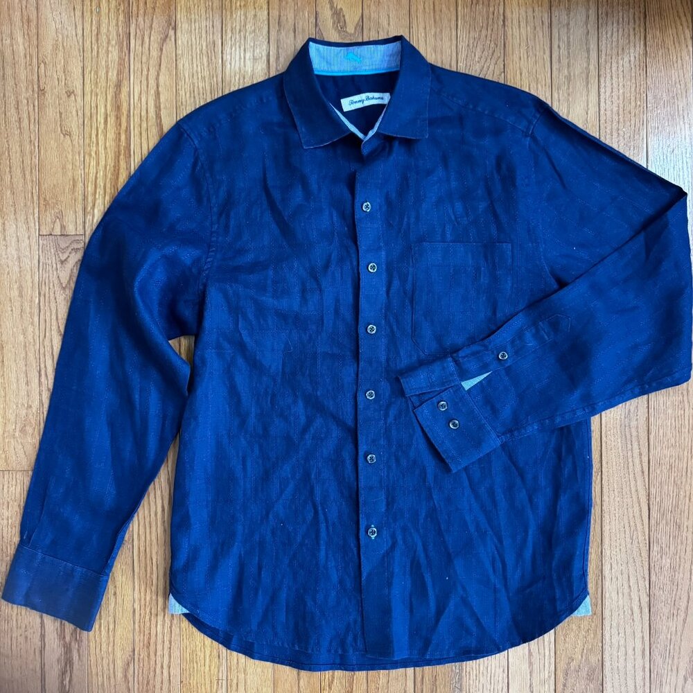 Tommy Bahama Navy Linen Open Weave Windowpane Shirt Breezy Resort Style Men's S